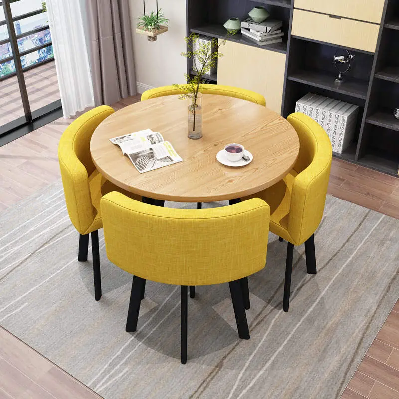 [DLC-RS001J] Table ronde en bois et ses 4 chaises (Jaune)