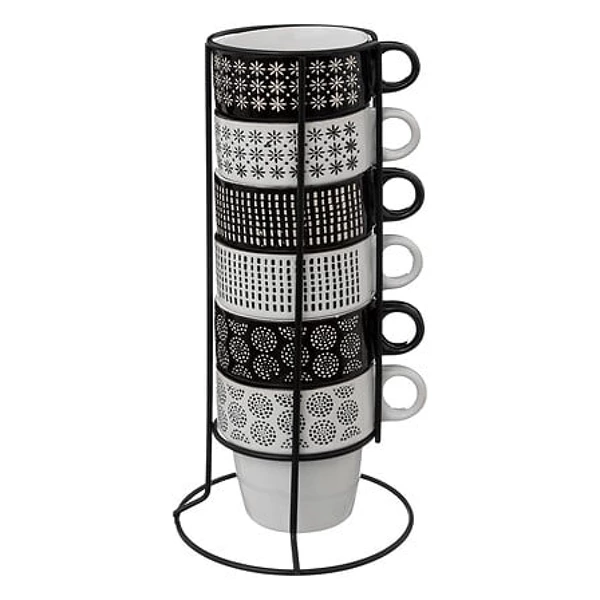 Rack of 6 mugs m ethnic 26cl, black & white