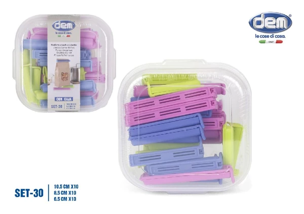 Pack of 30 bag closing clips with box