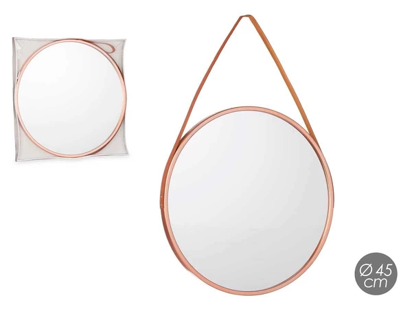 [82001] Round mirror with handle in bronze pet faux leather