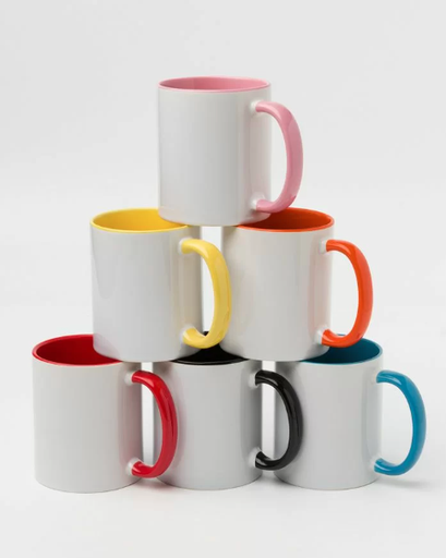 [N7] Mug en céramique blanche avec intérieur et anse colorés. 325 ml