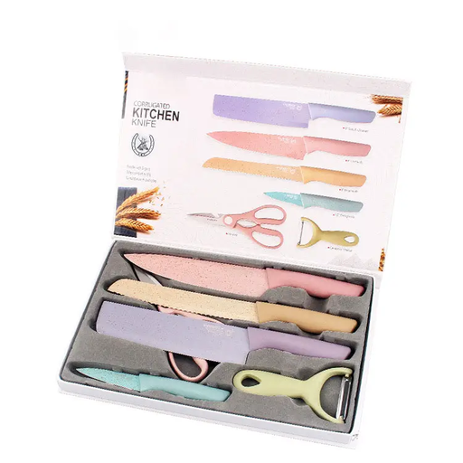 [4-K04] Kit de 4 couteaux colorés en acier inoxydable, d'un épluche légumes et d'une paire de ciseaux