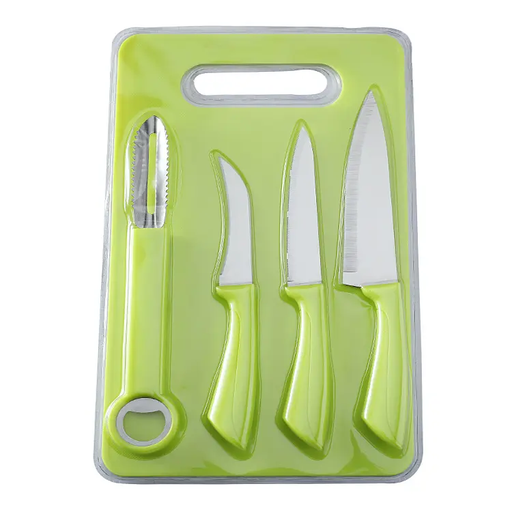 [5 K 07] Kit de 3 couteaux éplucheurs, d'un zesteur et de sa planche à découper. Lames en aciers inoxydables. Coloris Vert.