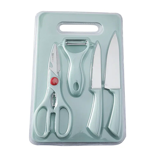 [5 K08] Kit de 2 couteaux, éplucheur, ciseaux et sa planche à découper.